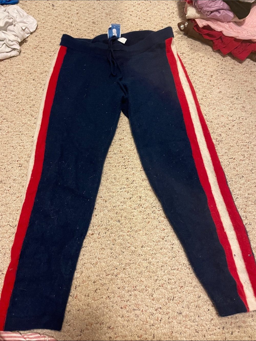 Navy Sweatpants with Red and White Side Stripes